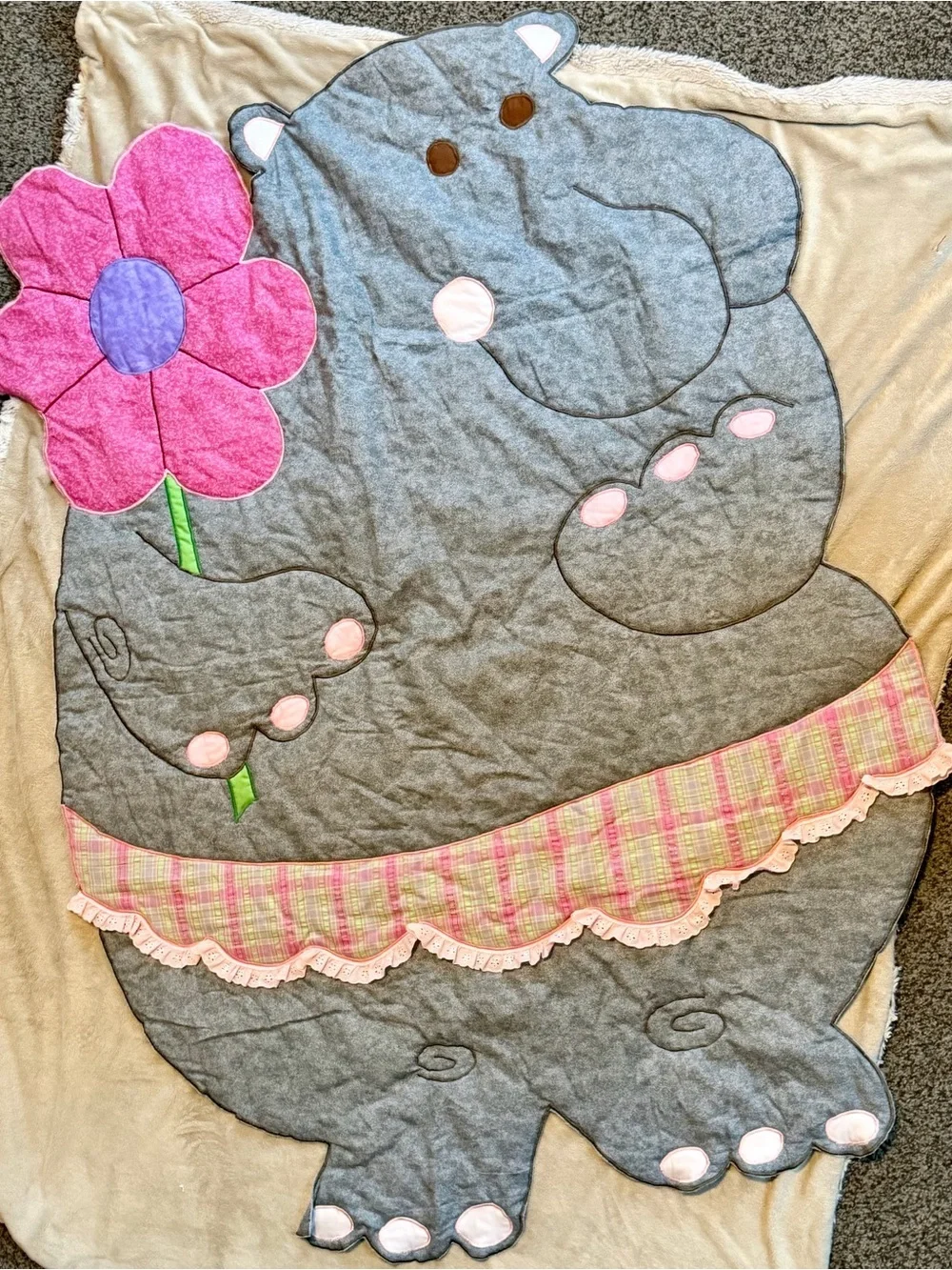 Vintage Handmade Gray Hippo Applique Baby Quilt with Pink Flower